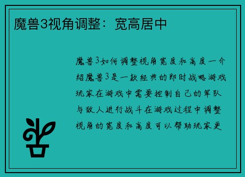 魔兽3视角调整：宽高居中