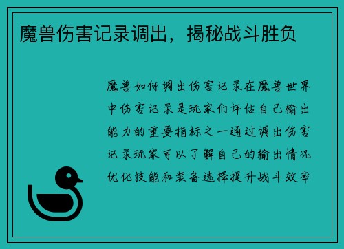 魔兽伤害记录调出，揭秘战斗胜负